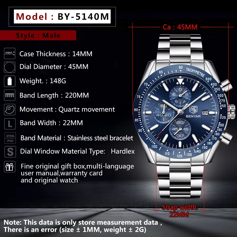 Hommes montre BENYAR Top marque de luxe en acier affaires