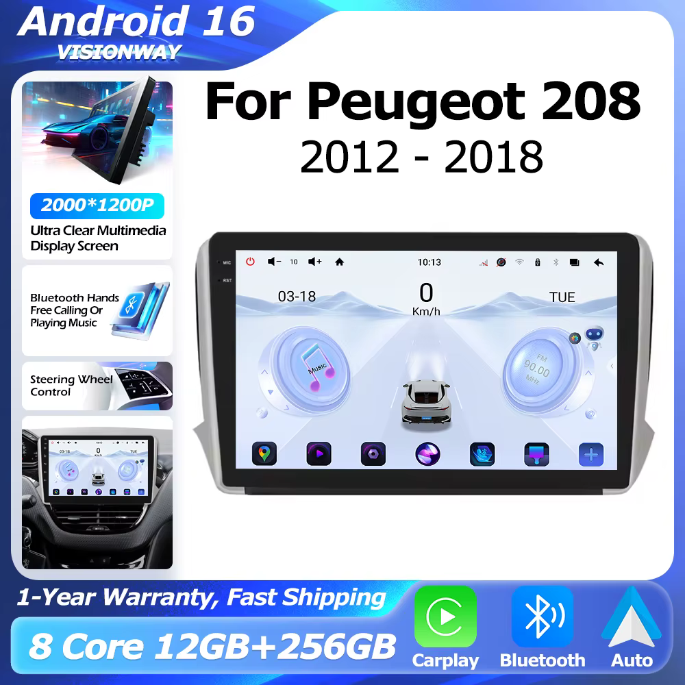 Android 16 2000*1200P pour Peugeot 208 2008 Série 2012-2018 CarPlay sans fil GPS Navigation Bluetooth Lecteur multimédia Auto