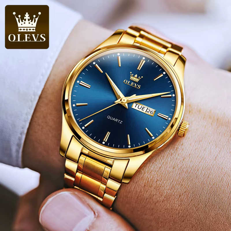 OLEVS classique or montres pour haut de gamme de luxe affaires en cuir étanche lumineux en acier inoxydable hommes montre-bracelet à Quartz