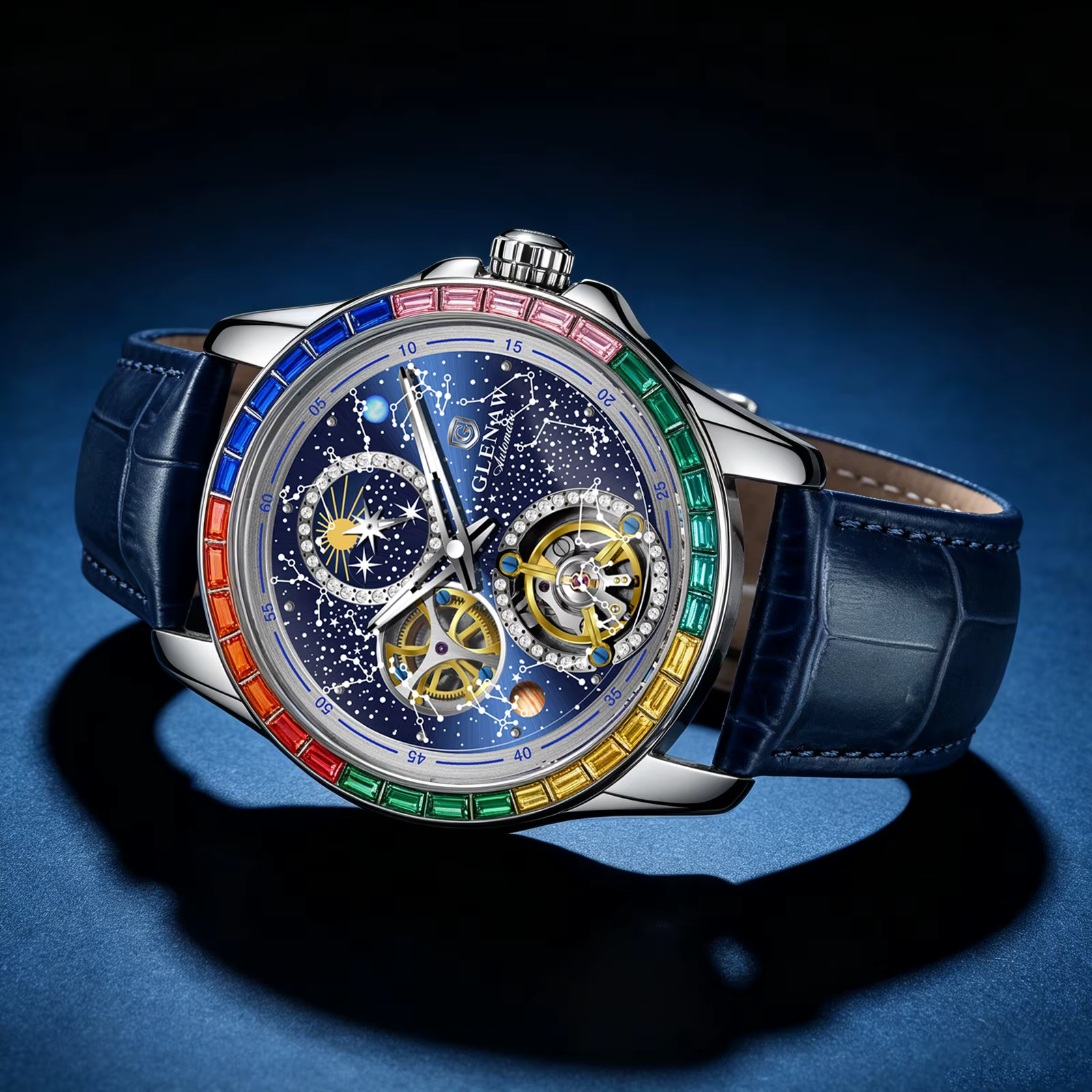 GLENAW 2025 Nouvelle Montre Mécanique Homme Design Cercle Arc-en-ciel Cadran Constellation Lumineux Étanche