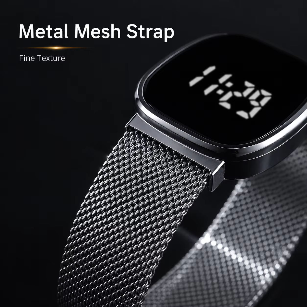 Montre à bracelet en maille métallique avec affichage numérique LED, montre-bracelet électronique carrée arrondie unisexe.