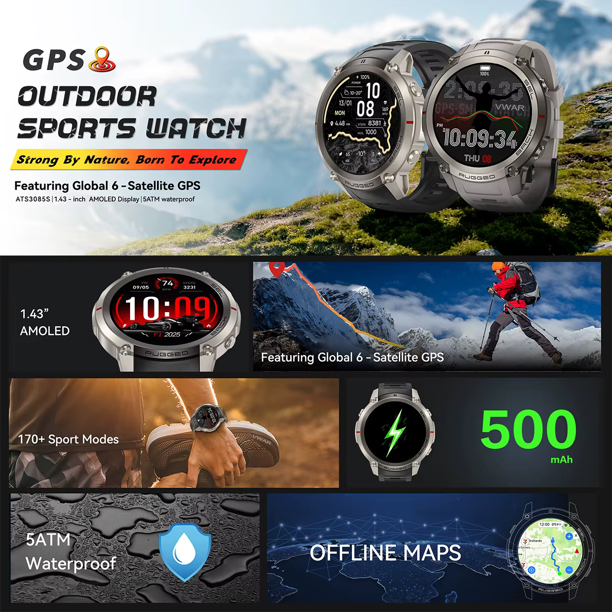 Nouvelle montre connectée GPS VWAR T-Rex 4 2026 avec cartes hors ligne, montre intelligente de sport militaire pour hommes, étanche 50m pour la natation, saphir, altimètre