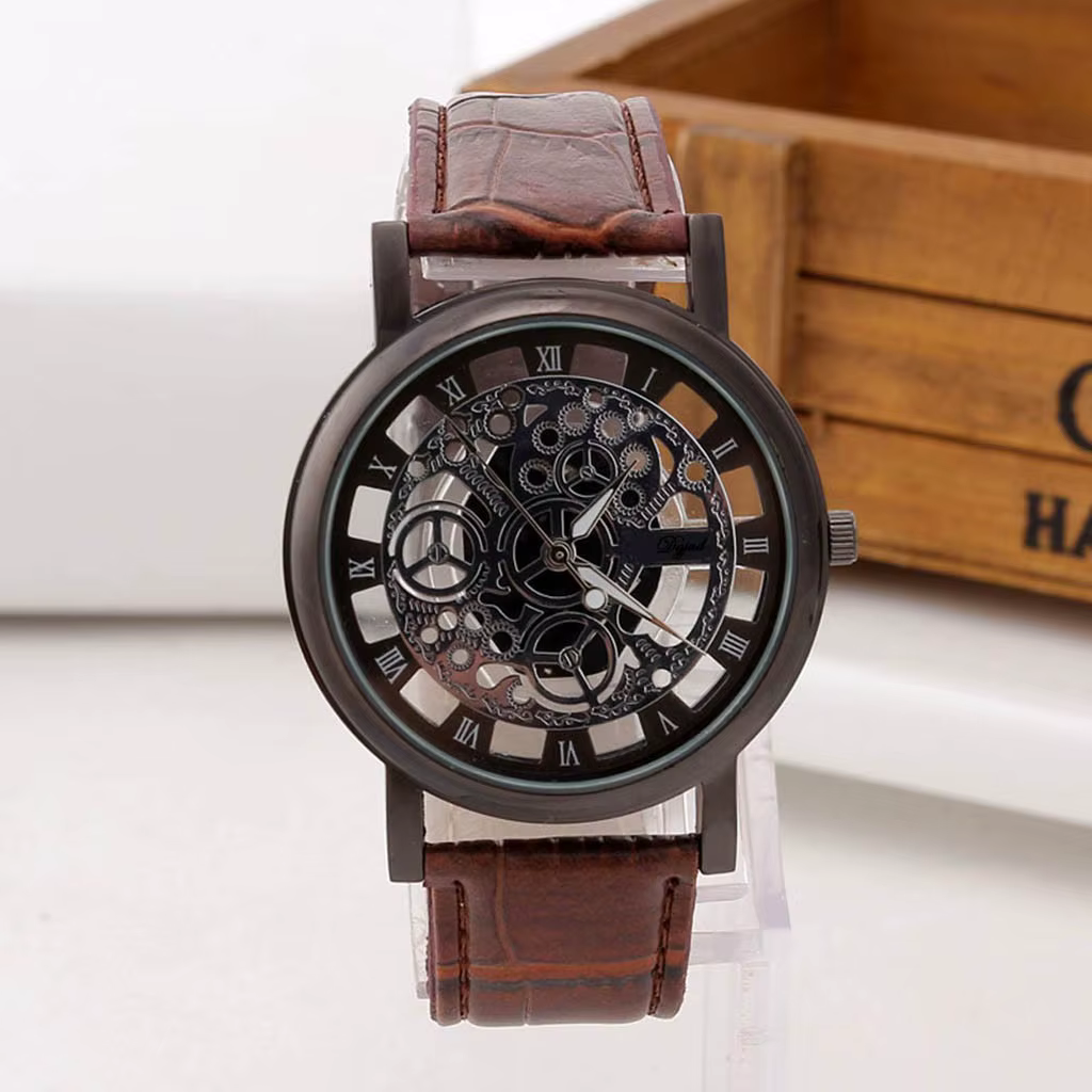 Mode squelette hommes montres Quartz Bracelet en cuir
