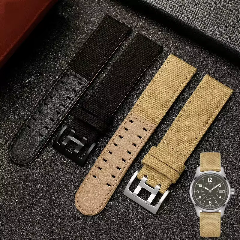 Bracelet de montre en cuir de toile 20mm 22mm pour Hamilton kaki/aviation/champ hommes sports de plein air