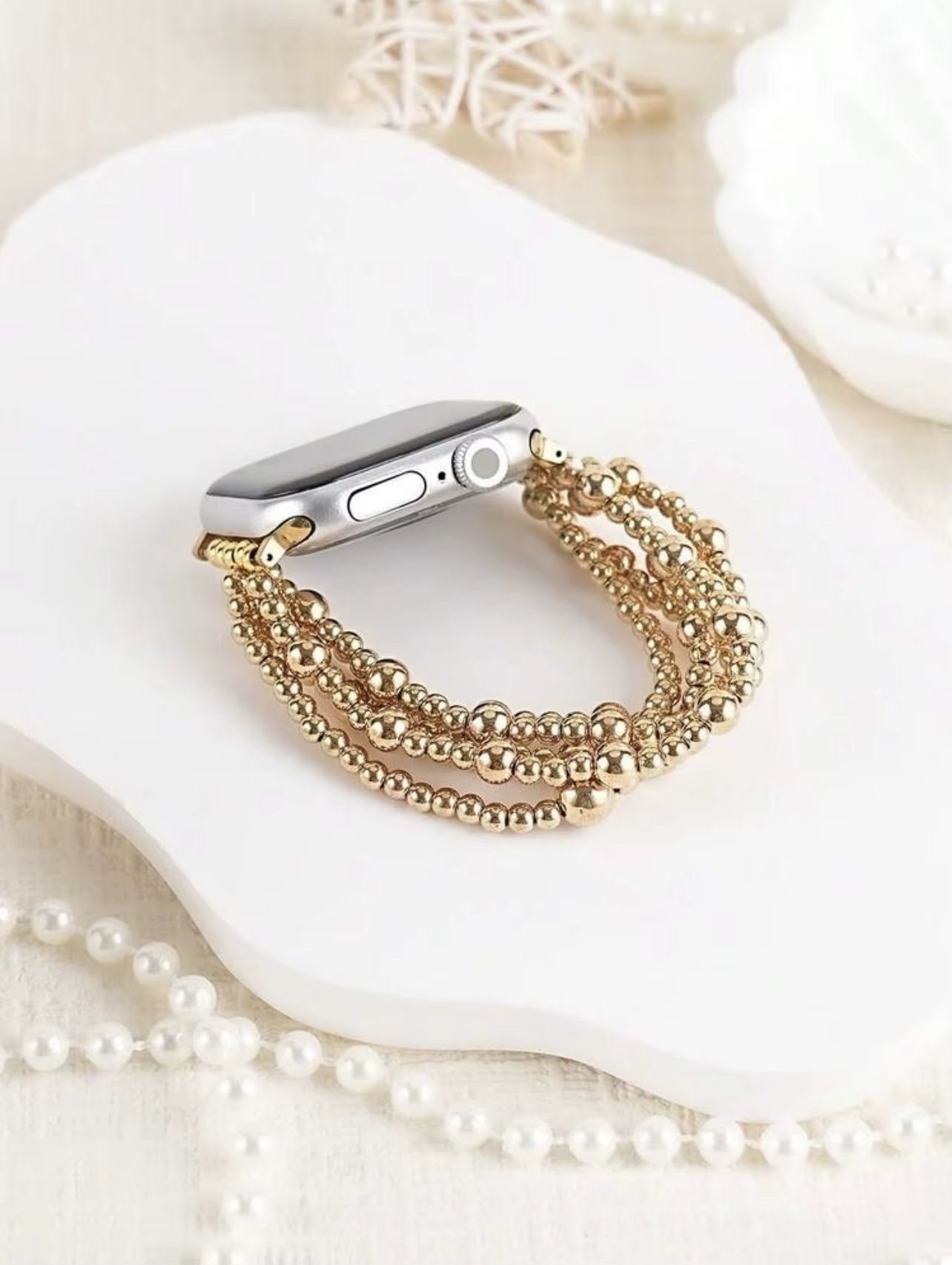 Bracelet de luxe doré à maillons perlés pour Apple Watch