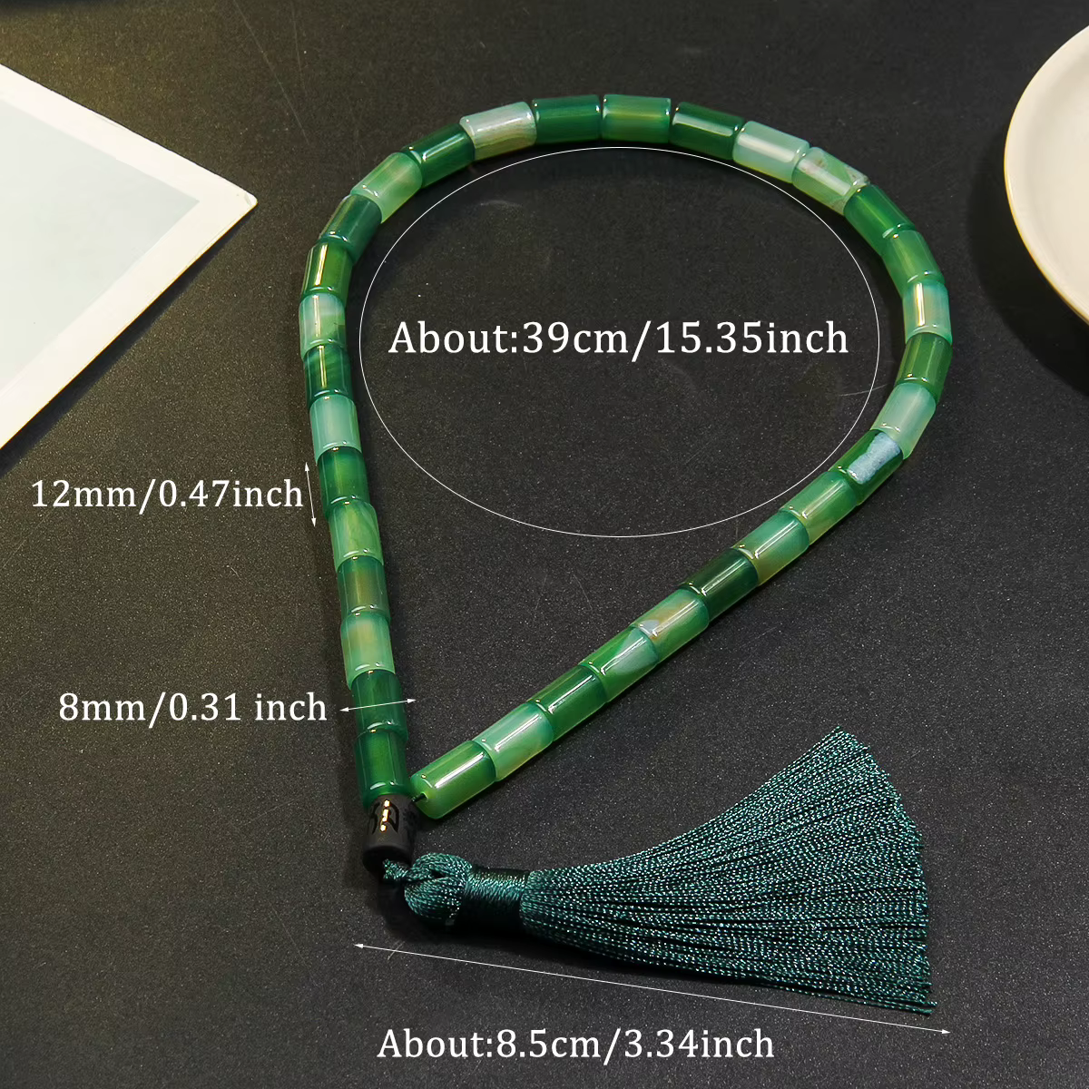 Bracelet de prière en perles d'agate 8 * 12 mm avec bracelet pendentif pompon vert - un cadeau idéal pour l'Eid al Fitr et le Ramadan