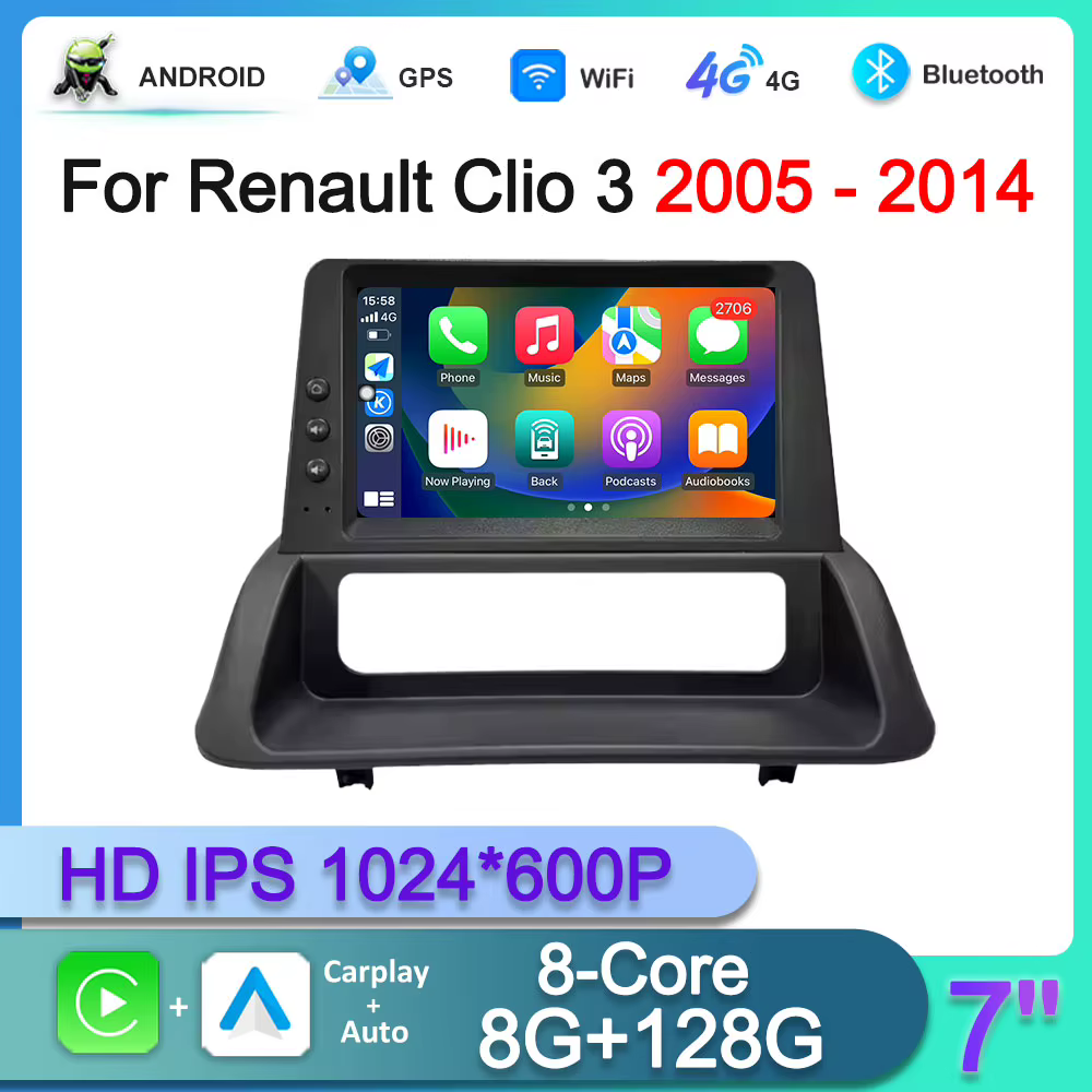 Autoradio multimédia Android 16 avec CarPlay sans fil intégré, WiFi, 4G, GPS pour Renault Clio 3 2005 - 2014