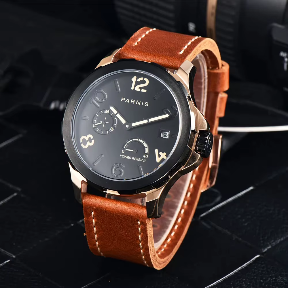 Parnis 44mm boîtier en argent automatique mécanique hommes montre indicateur de réserve de marche marqueur lumineux