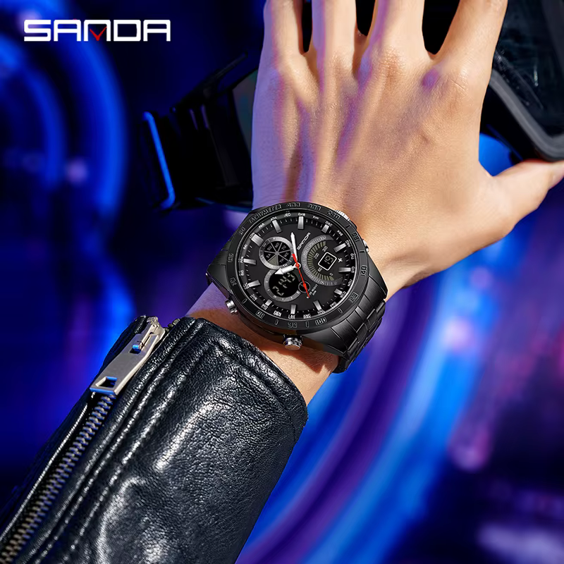 SANDA hommes marée nom montre numérique 30 M étanche montre-bracelet LED Quartz horloge Sport