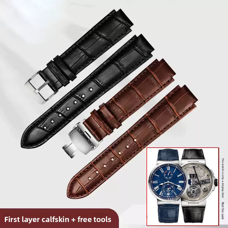 Pour Ulysse Nardin Marine 6300 263 6319 hommes femmes 22*10mm 24*12mm Bracelet de montre en cuir convexe bleu