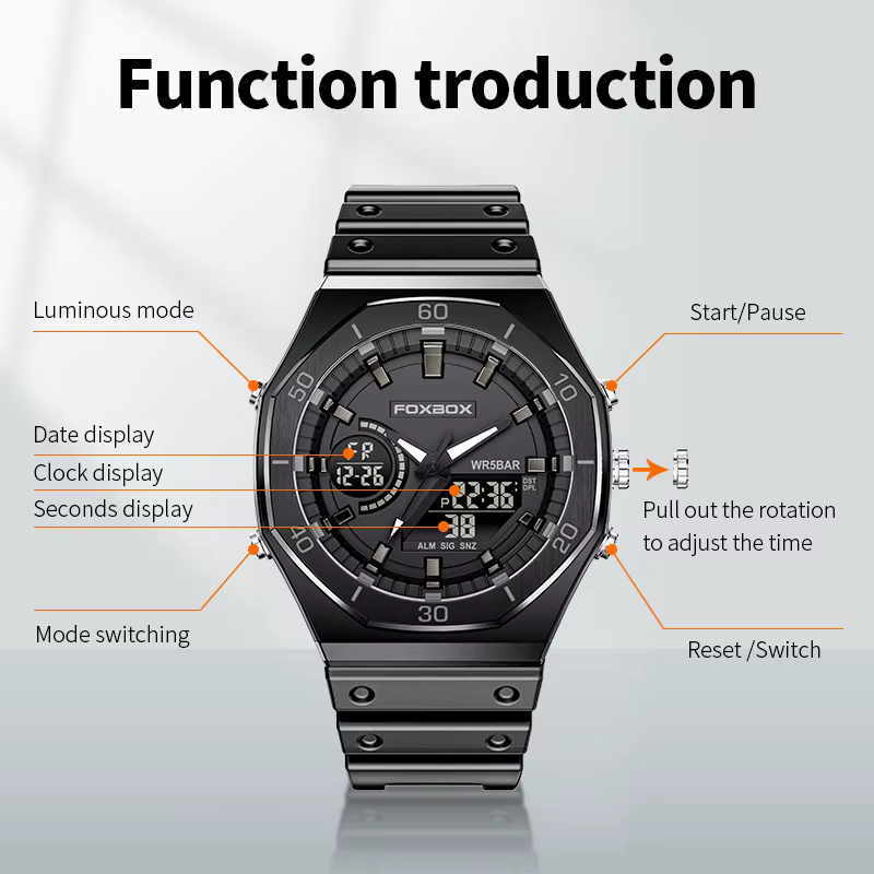 FOXBOX – montre de sport noire à double affichage pour hommes