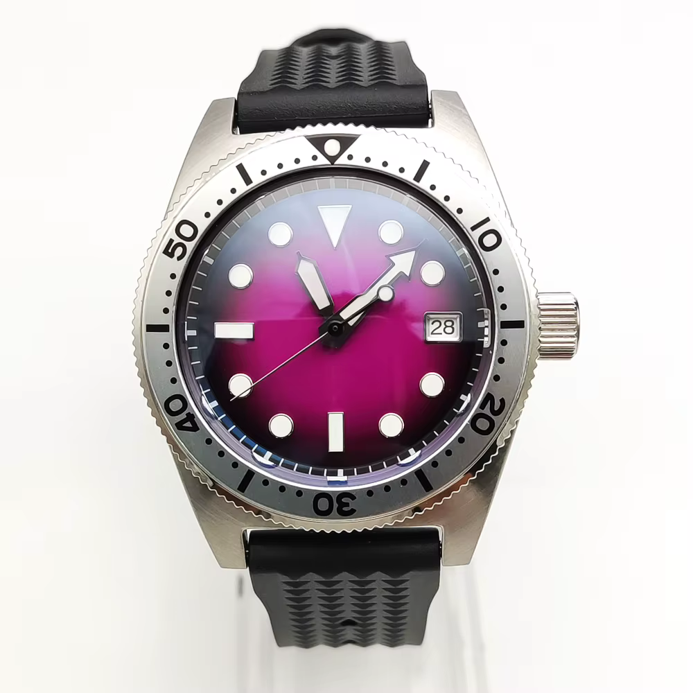 Parnsrpe 2026 Nouvelle Montre Mécanique Automatique NH35 38mm Style Plongeur Vintage Cadran Dégradé Rose Lunette Argentée Saphir Lumineux Date