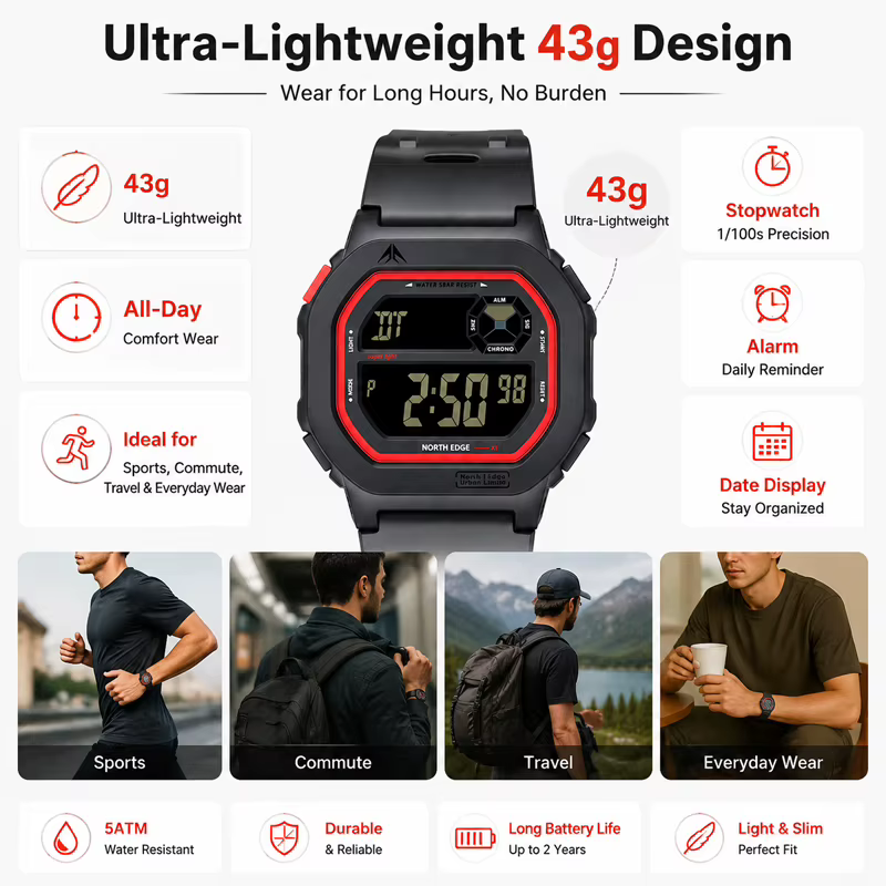 Montre numérique à écran carré NORTH EDGE X1 2026 pour hommes et femmes