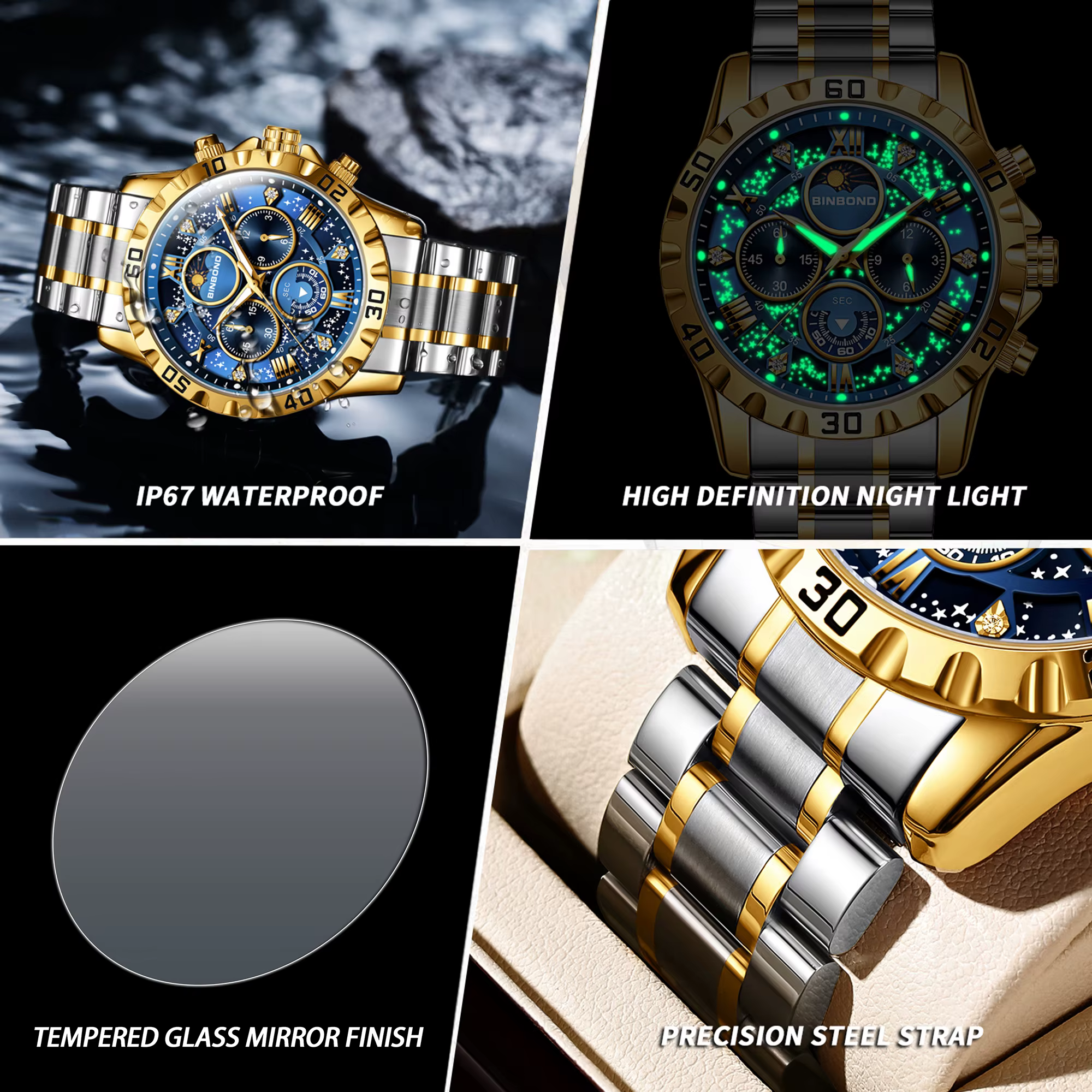 Montres à quartz de marque originale BINBOND pour hommes