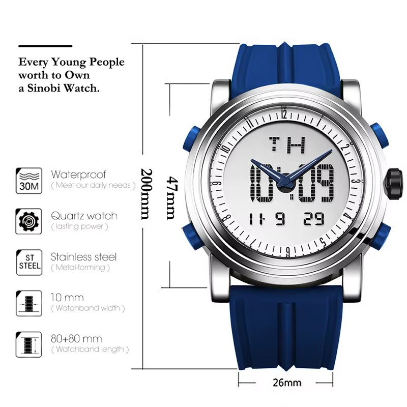 Nouveau SINOBI marque sport chronographe hommes montres numérique Quartz double mouvement étanche plongée bracelet