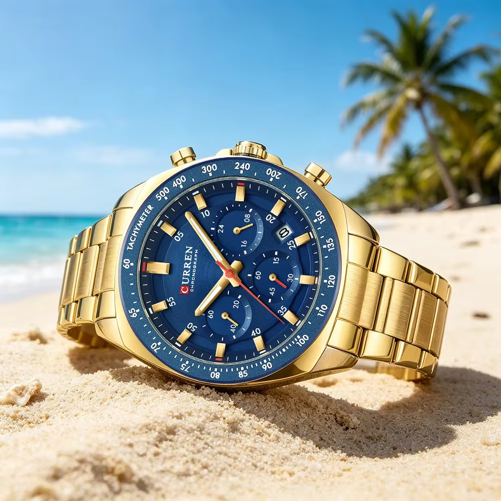 NOUVEAU CURREN 8497 Montre Chronographe Homme Bracelet Acier Inoxydable Aiguilles Lumineuses Date Étanche Quartz Relógio