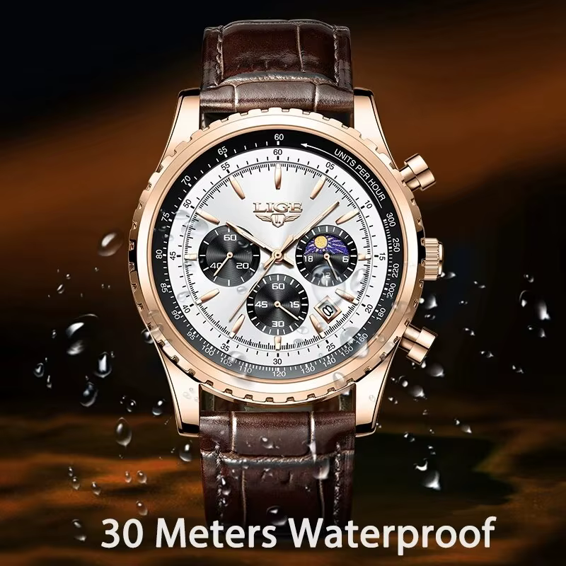 Montre-bracelet à quartz en cuir étanche pour homme