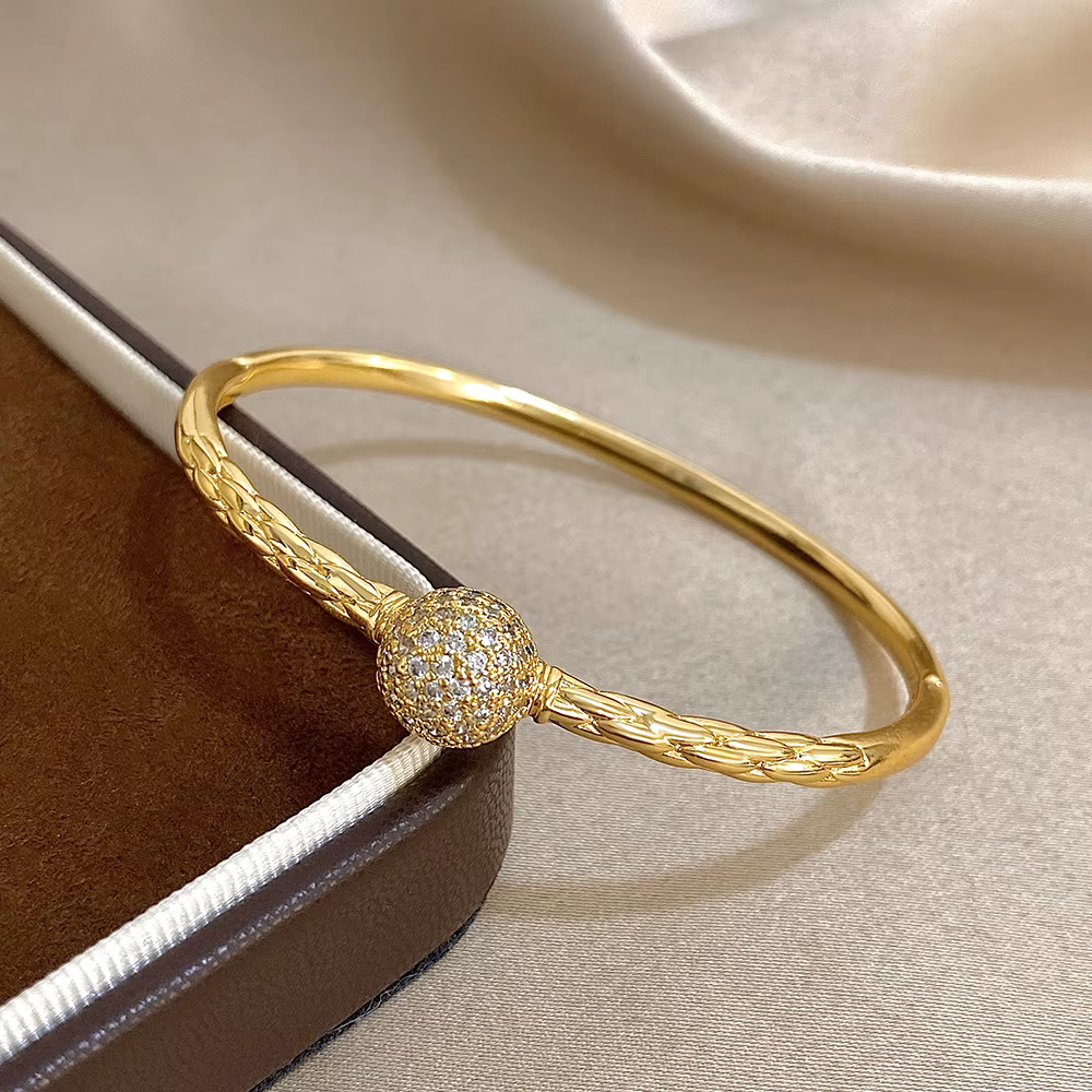 Bracelet à breloques boule ronde plaqué or brillant pour femmes, luxe, Zircon brillant, ouvert, printemps, bijoux cadeau