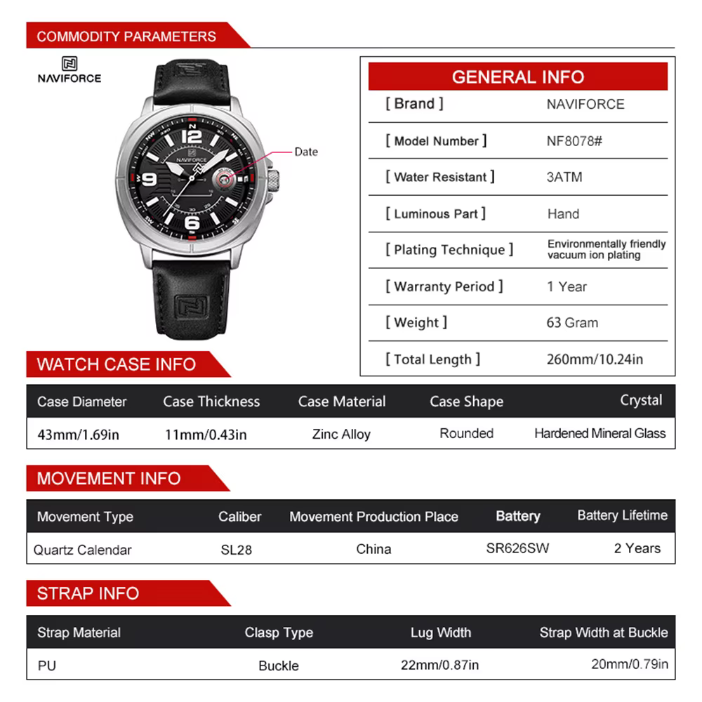 NAVIFORCE hommes montre-bracelet haut de gamme de luxe Auto Date montre d'affaires en cuir Sport militaire Original Quartz mâle horloge cadeau 8078