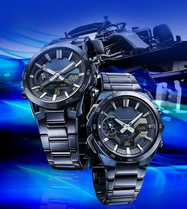 Montre de course multifonction à double affichage avec grand cadran et bracelet en acier
