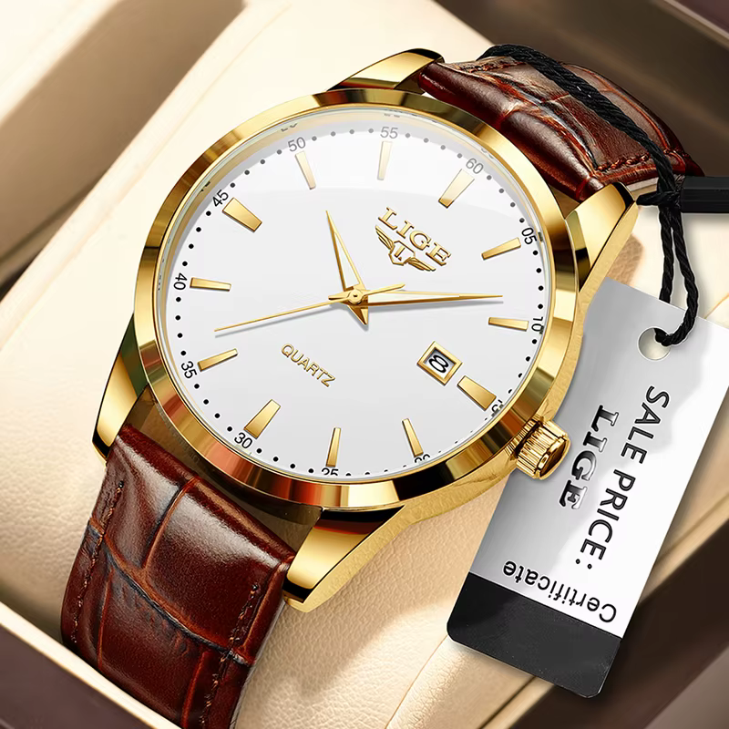 LIGE montre de sport pour hommes mode affaires en cuir Quartz montres