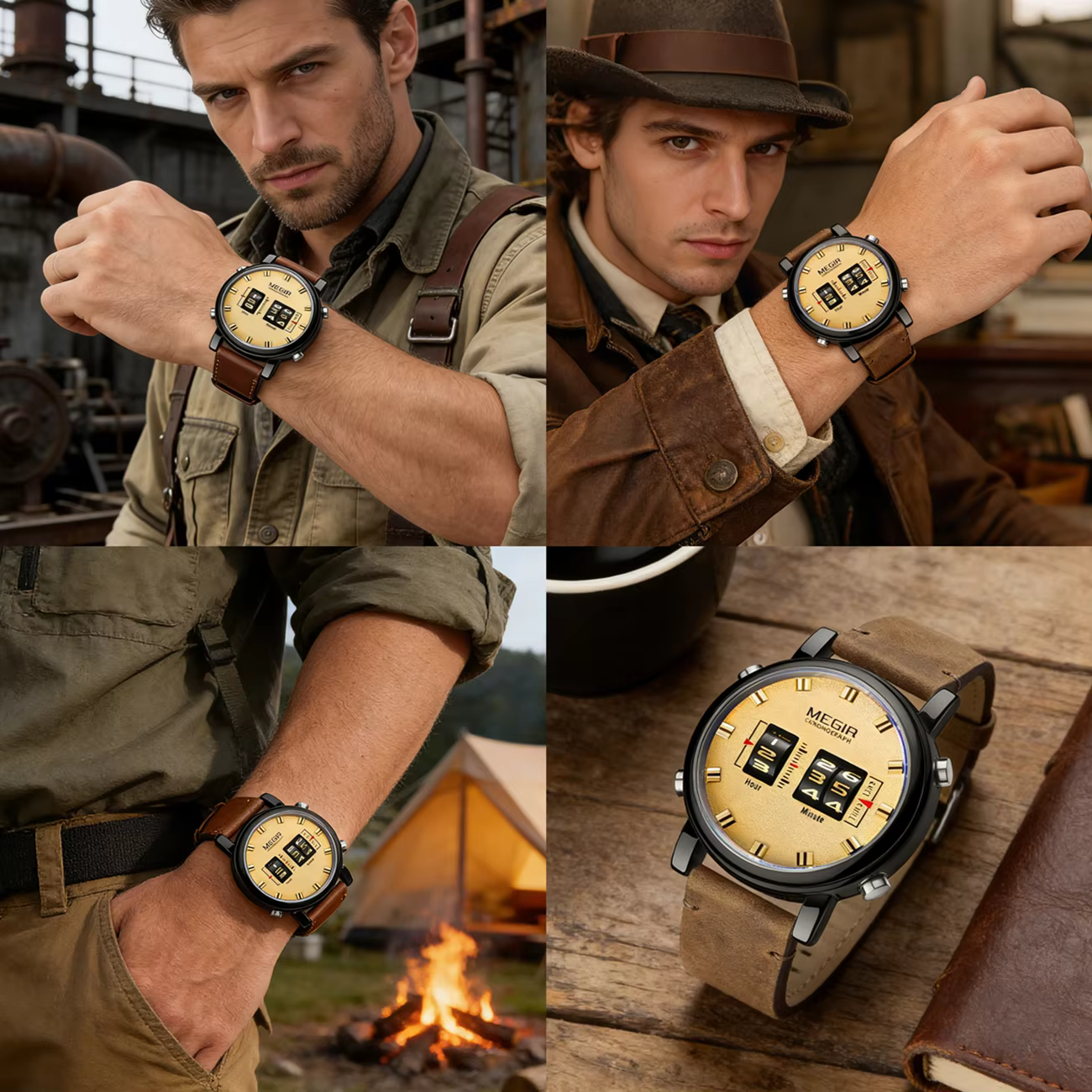 Montre-bracelet numérique MEGIR Roller, cadran numérique, mouvement à quartz, montre de sport pour homme, 3ATM étanche, bracelet en cuir, montres Reloj Hombre