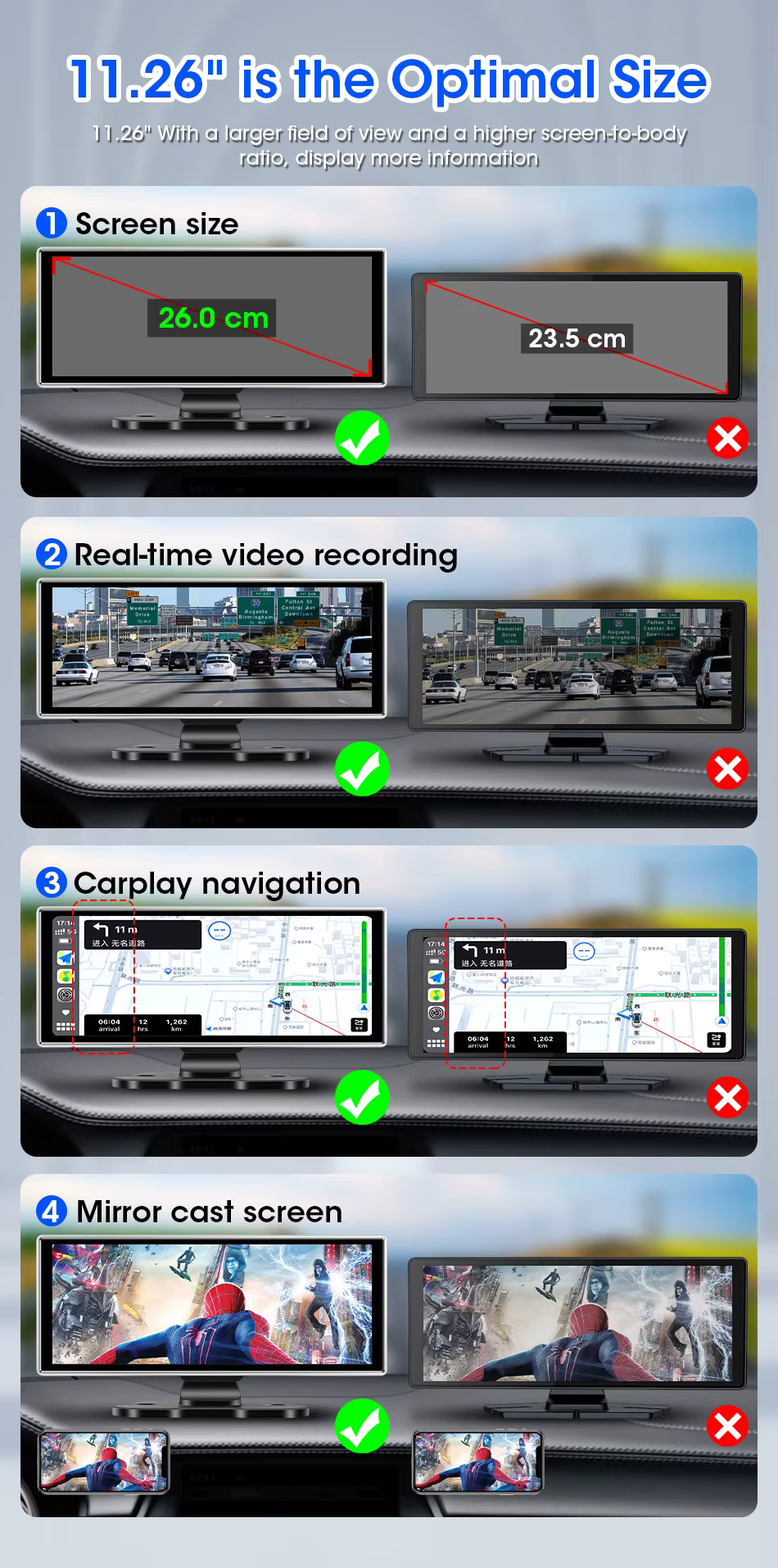 10/11.26 pouces Dash Cam 4K voiture DVR sans fil Carplay et Android Auto GPS Navigation enregistreur vidéo tableau de bord double objectif Wifi FM AUX