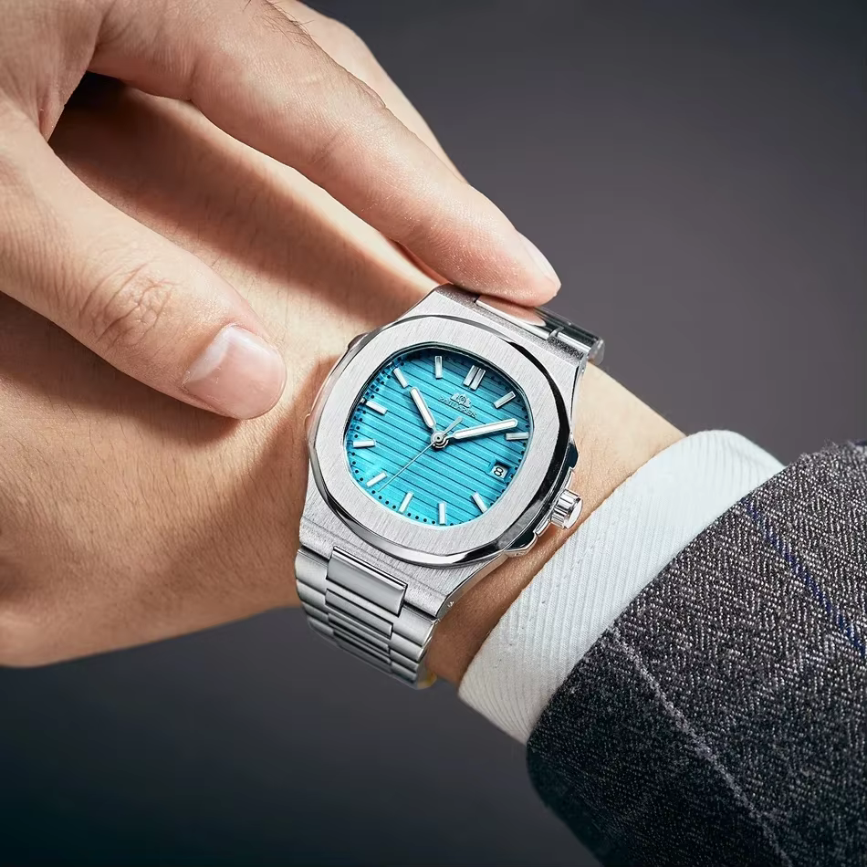 Montres automatiques pour hommes mouvement mécanique lumineux en acier inoxydable cadran bleu gris Simple affaires Reloj Hombre Baratos