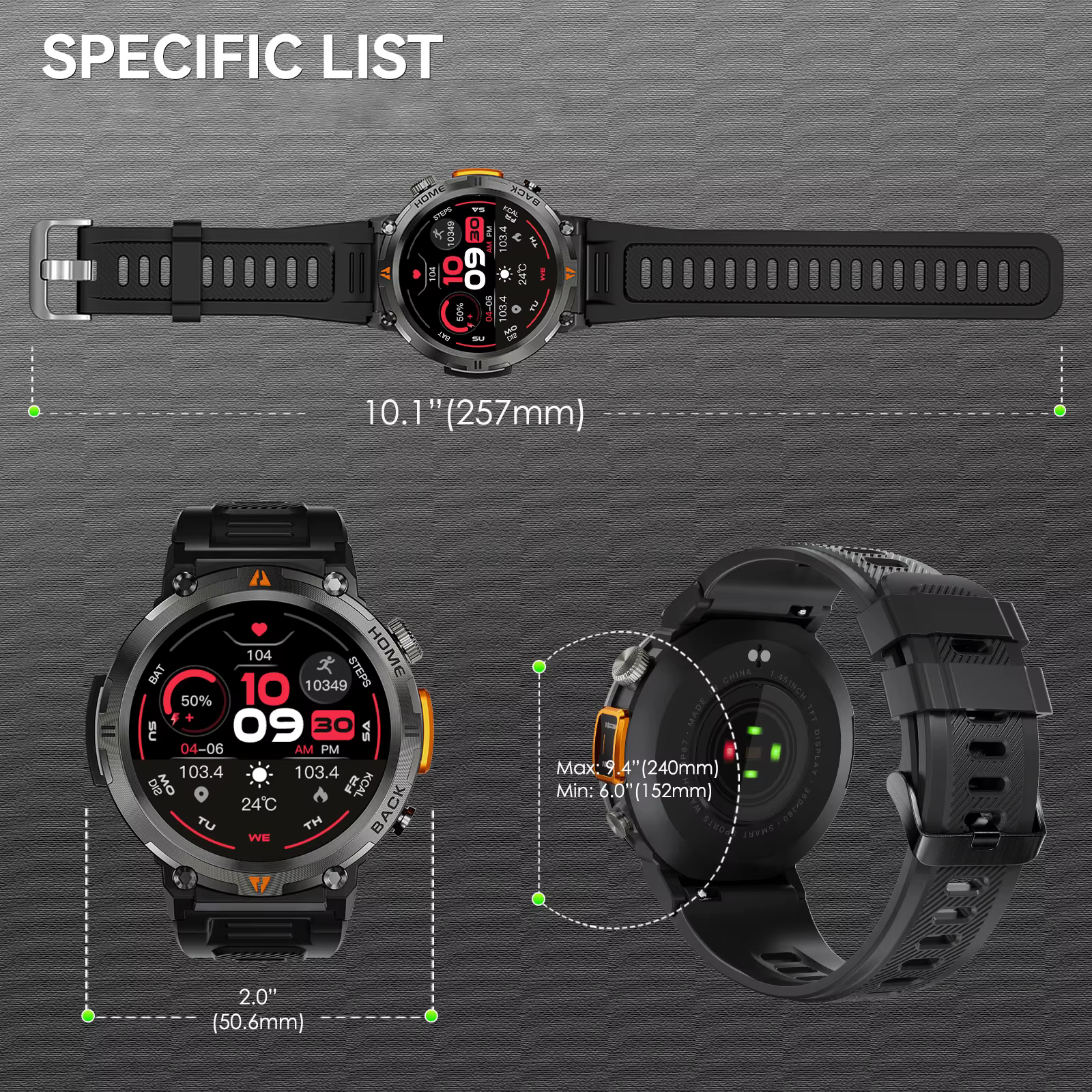 EIGIIS montre intelligente militaire pour hommes avec LED 1.45 " Smartwatch extérieur avec appels Bluetooth moniteur de fréquence cardiaque et de sommeil traqueur d'activité physique