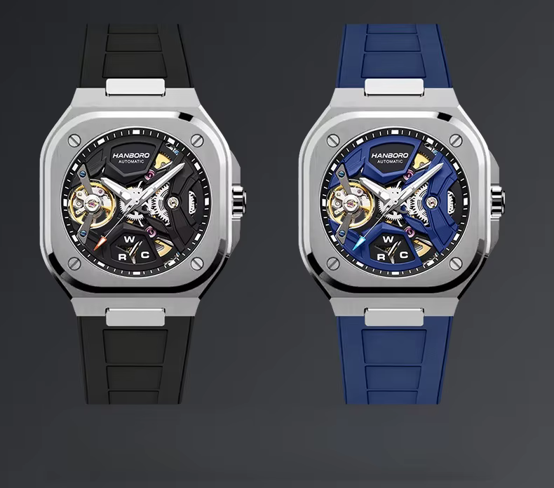 Montre mécanique automatique carrée HANBORO pour homme, montre de mode