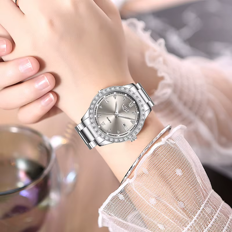 LIGE montre pour femme élégante mode horloge étanche lumineuse en acier inoxydable