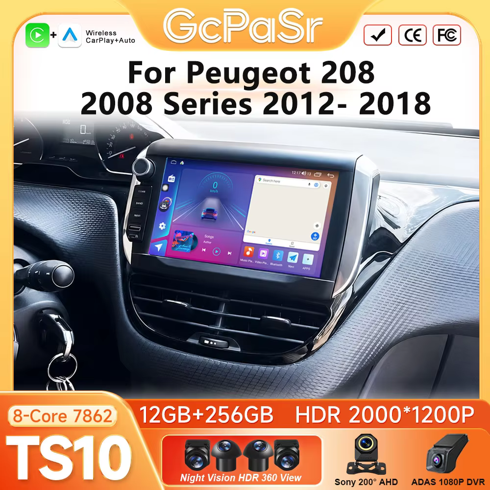 Android 16 pour Peugeot 208 2008 Série 2012-2018 Autoradio BT Navigation GPS Vidéo Wifi 5G Systèmes Intelligents de Voiture Affichage DVD