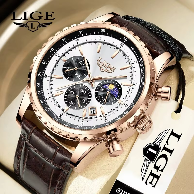 Montre-bracelet à quartz en cuir étanche pour homme