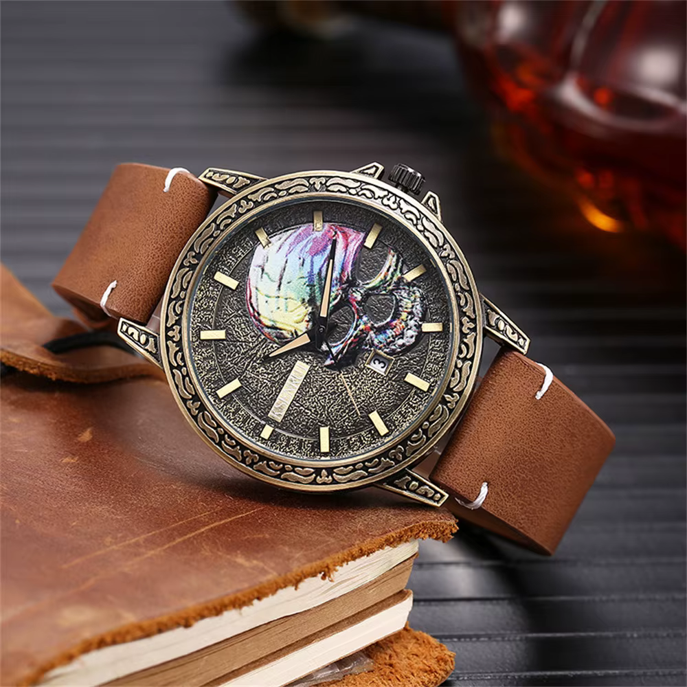 Cool hommes montre crâne visage conception mode acier bracelet en cuir rétro