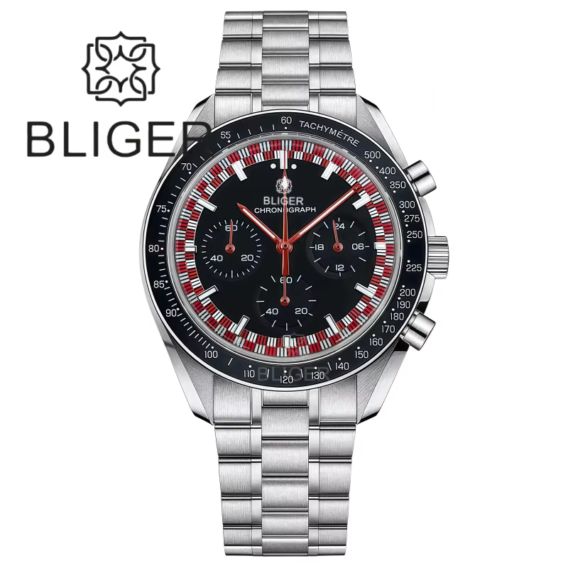 BLIGER 39mm Vintage lune chronographe montre pour hommes VK63 mouvement à Quartz en acier inoxydable bulle cristal étanche vert lumineux