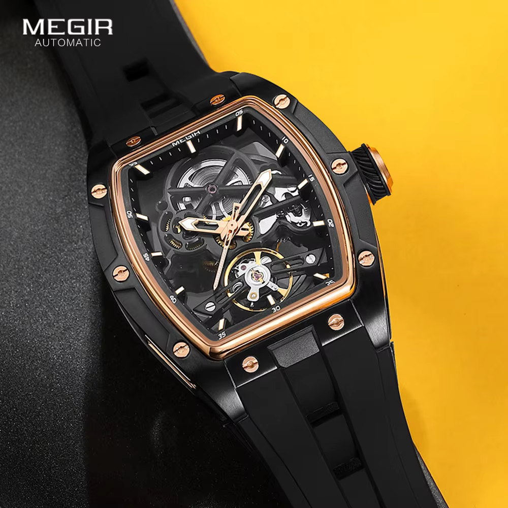 MEGIR 2242 montre automatique bleue pour hommes Sport montre-bracelet mécanique étanche en acier inoxydable avec bracelet en Silicone cadran squelette
