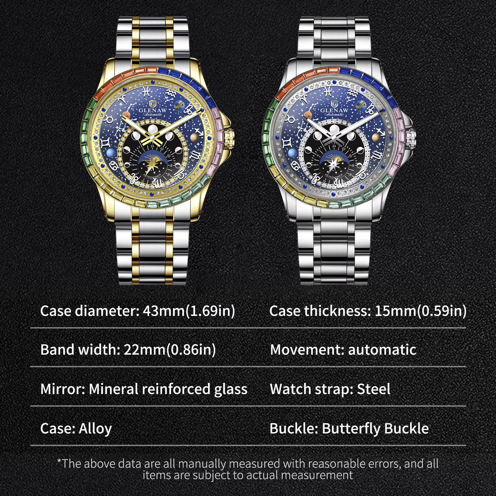 2025 nouveau GLENAW Design arc-en-ciel cercle montre mécanique hommes Constellation cadran veilleuse étanche haut de