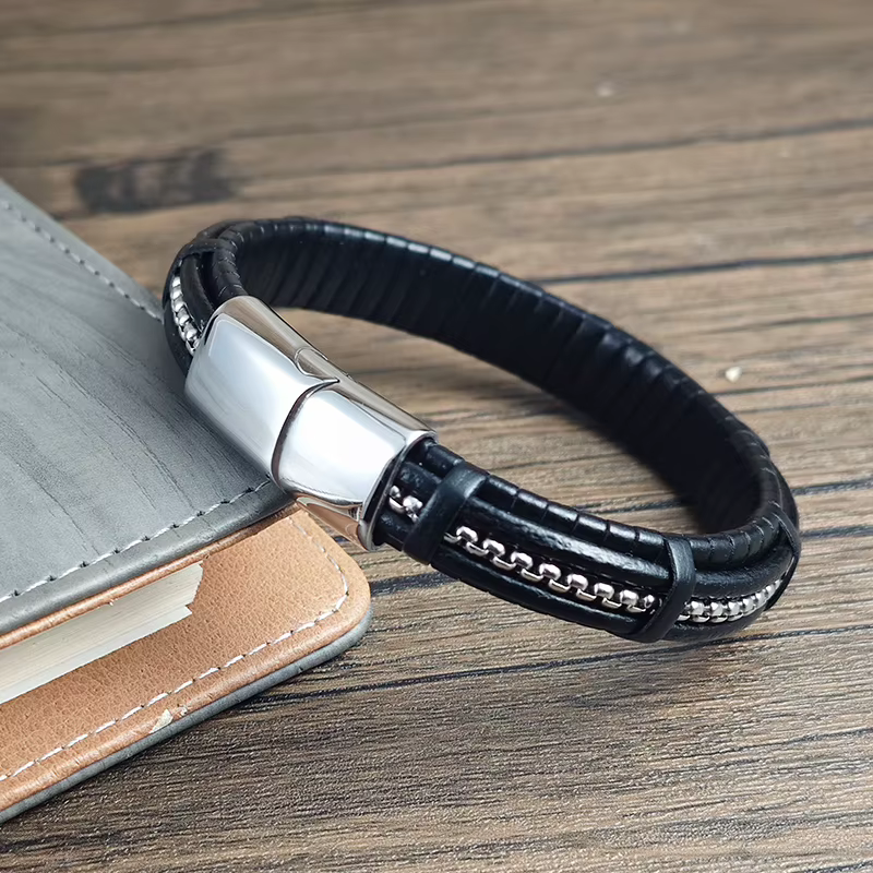 Bracelet en cuir et acier inoxydable pour homme
