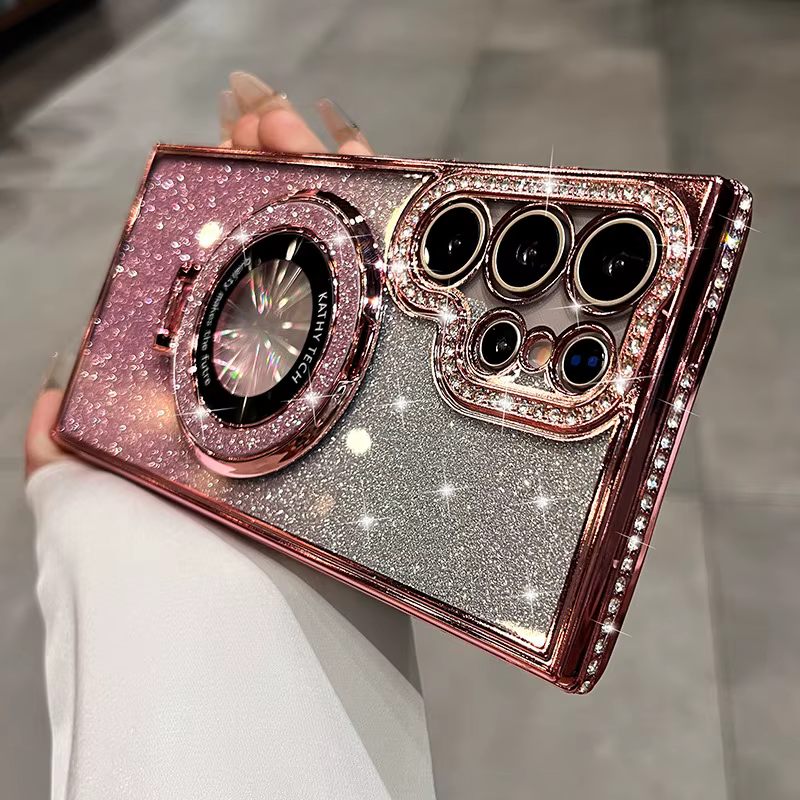 Étui S26Ultra Glitter Bracket pour Samsung Galaxy S25 S24 S23 S22 Ultra S26 Plus A55 A52S A15, coque magnétique antichoc avec diamants