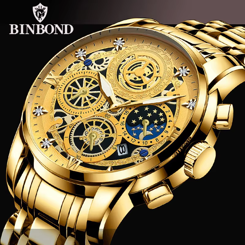 BINBOND luxe Quartz pour hommes montre bracelet en acier inoxydable cadran