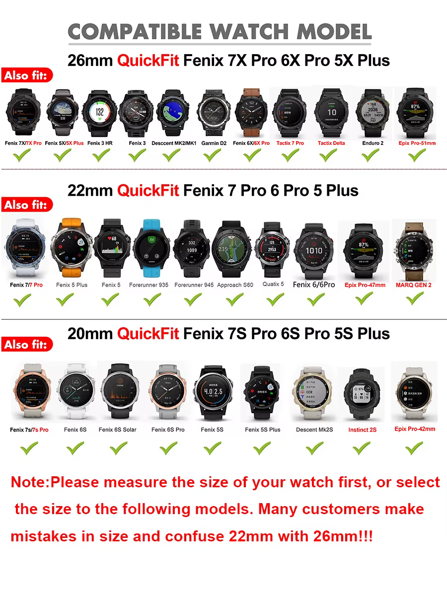 26 22 20MM Bracelet de montre pour Garmin Fenix 6X 6 Pro 7X 7 7S 8 47mm 51mm E