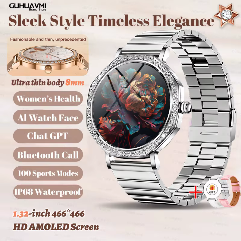 Nouvelle montre connectée pour femmes, idéale comme cadeau : écran tactile intégral de 1,32 pouce, montre de sport et de fitness, appels Bluetooth, montre connectée numérique, montre pour femmes.