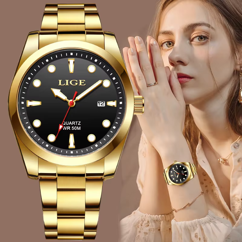 LIGE mode or femmes montres en acier inoxydable étanche montre à Quartz