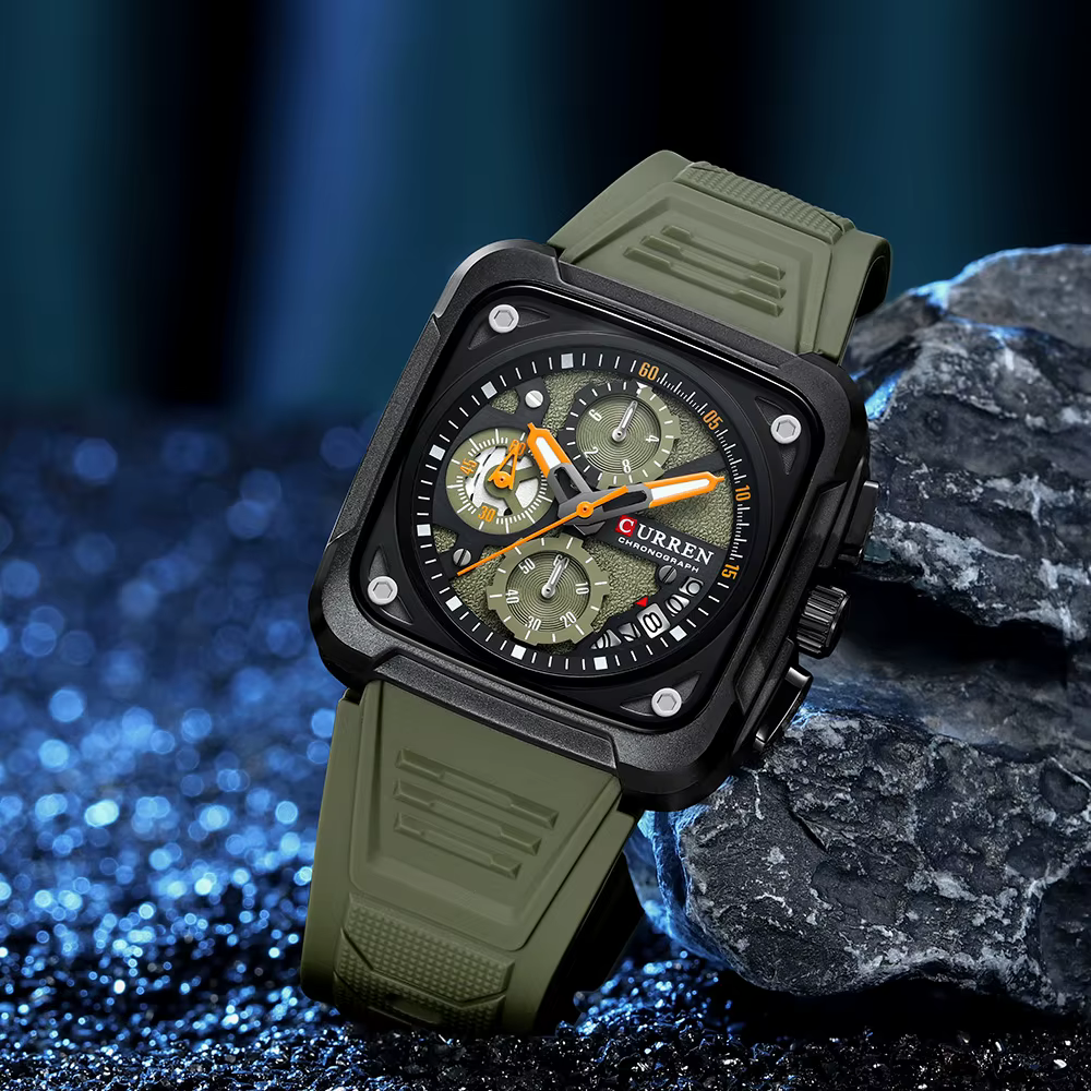 CURREN montres pour hommes marque sportive cadran carré Unique avec chronographe montre-bracelet à Quartz pour homme avec bracelet en Silicone étanche