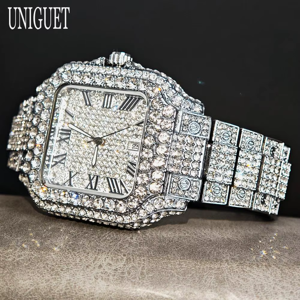UNIGUET offre spéciale montre glacée de luxe pour homme mode montres carrées hommes Hip Hop diamant Bling bijoux montre-bracelet Reloj Hombre