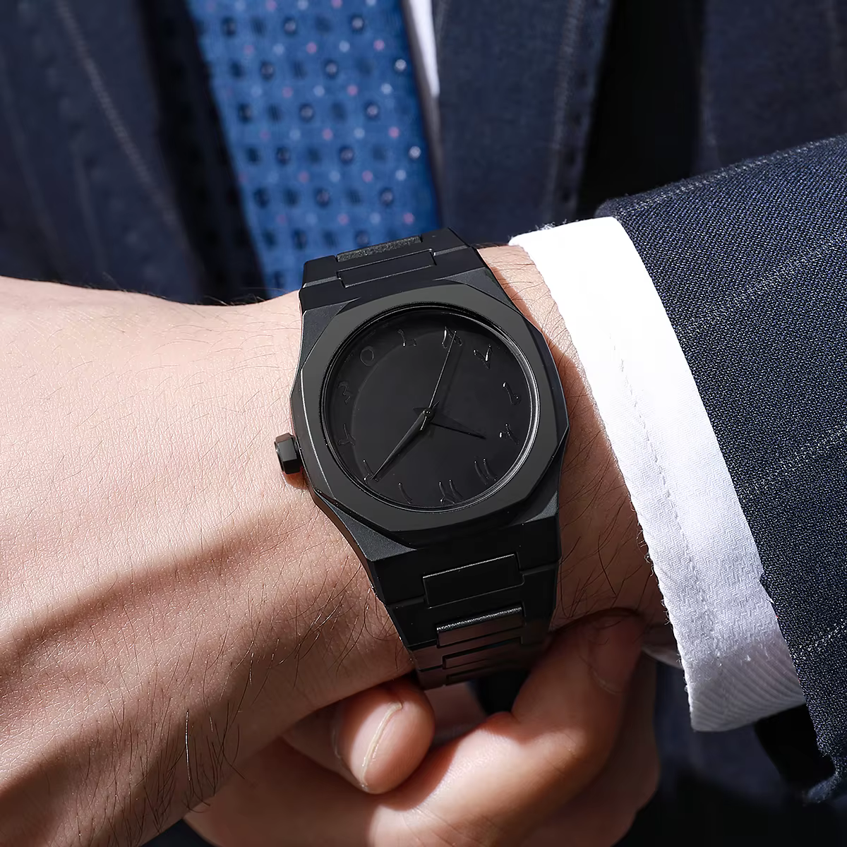 Personnalité minimaliste moderne créative tout noir montre pour hommes arabe numérique sport loisirs