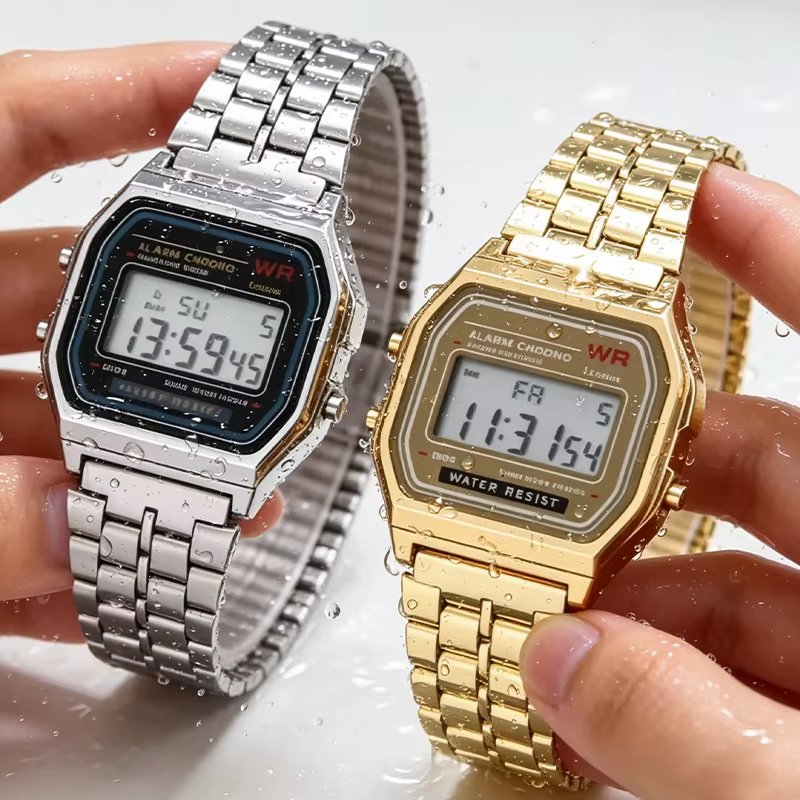Montre numérique en acier inoxydable pour hommes et femmes