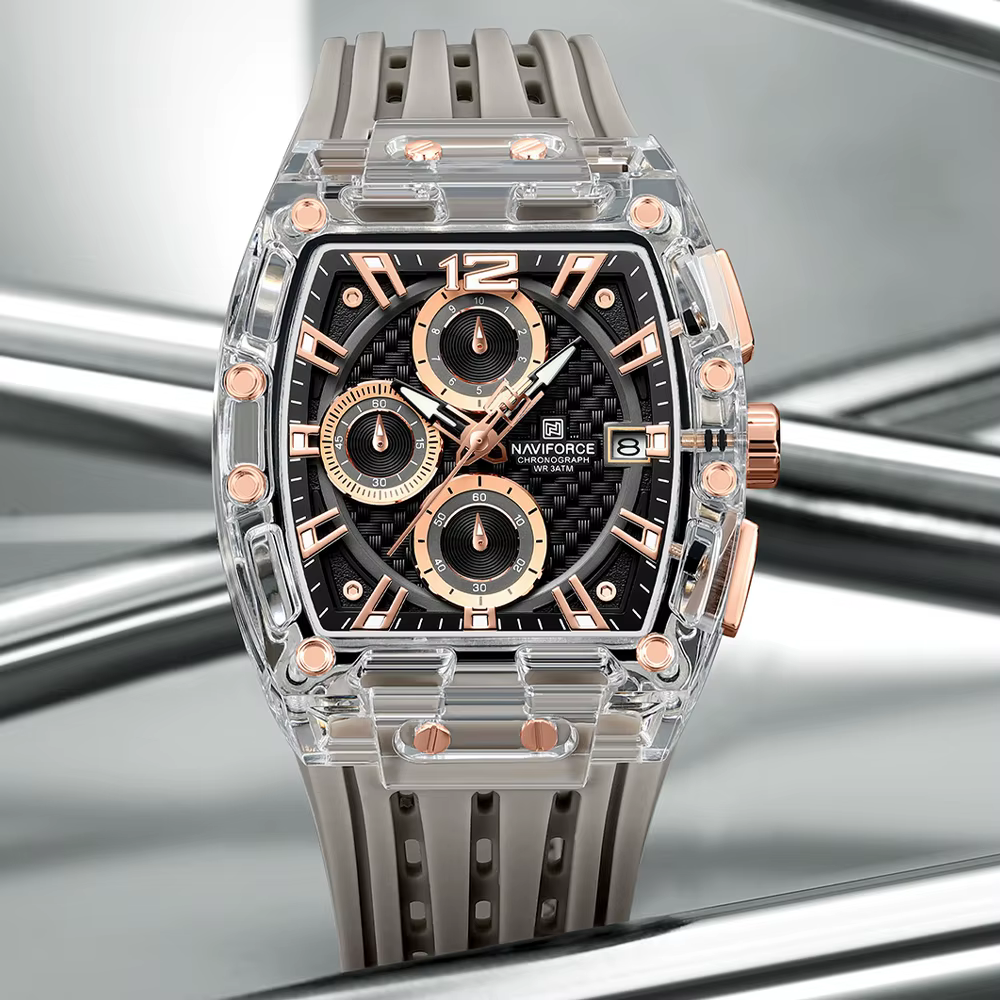 NAVIFORCE 2025 nouveau Design Transparent Tonneau montre hommes Quartz homme montres étanche luxe Sport porte