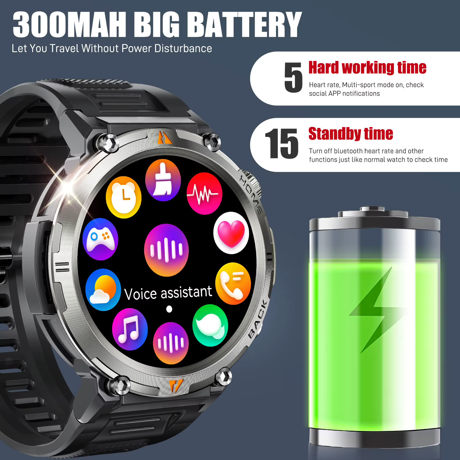 EIGIIS montre intelligente militaire pour hommes avec LED 1.45 " Smartwatch extérieur avec appels Bluetooth moniteur de fréquence cardiaque et de sommeil traqueur d'activité physique