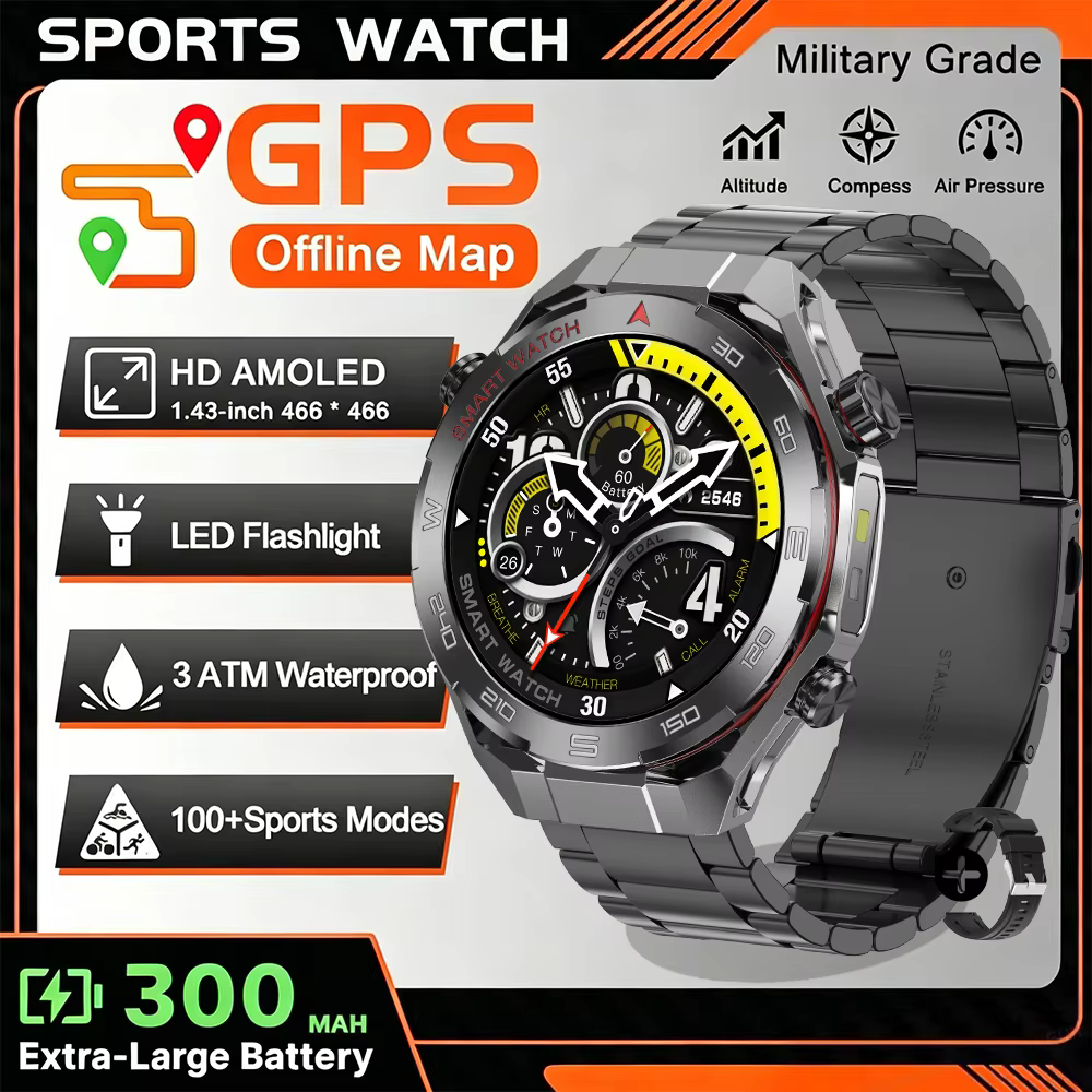 Montre connectée GPS avec navigation cartographique 2026, écran AMOLED, étanche 3ATM, boussole sportive, suivi de la santé, appels Bluetooth, pour hommes et femmes